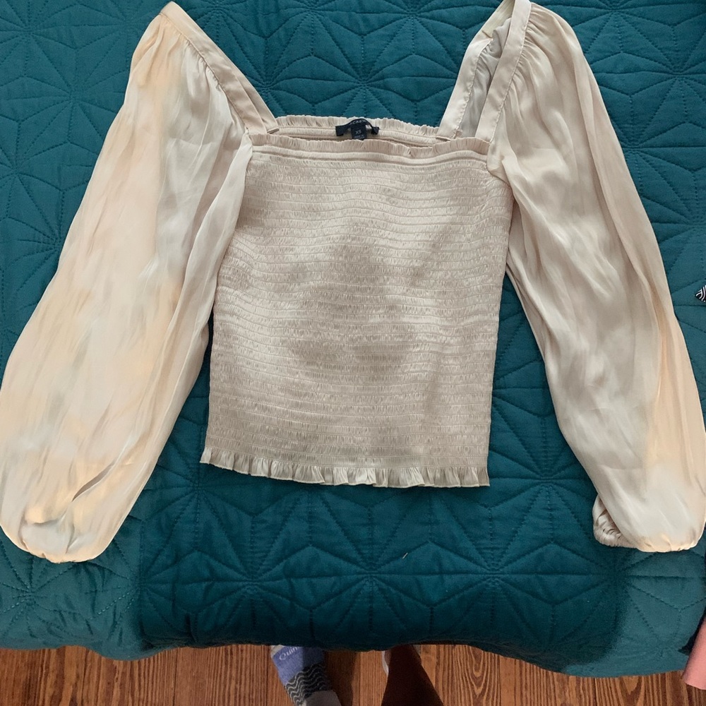 J Crew pale yellow smocked long sleeve satin top